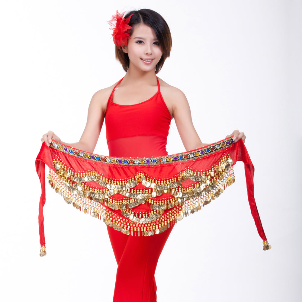 New Arrivals Belly Dance Wave Shape Hip Scarf with 328 Coins and Colorful Rhinestone, Belly Dance Waist Belts