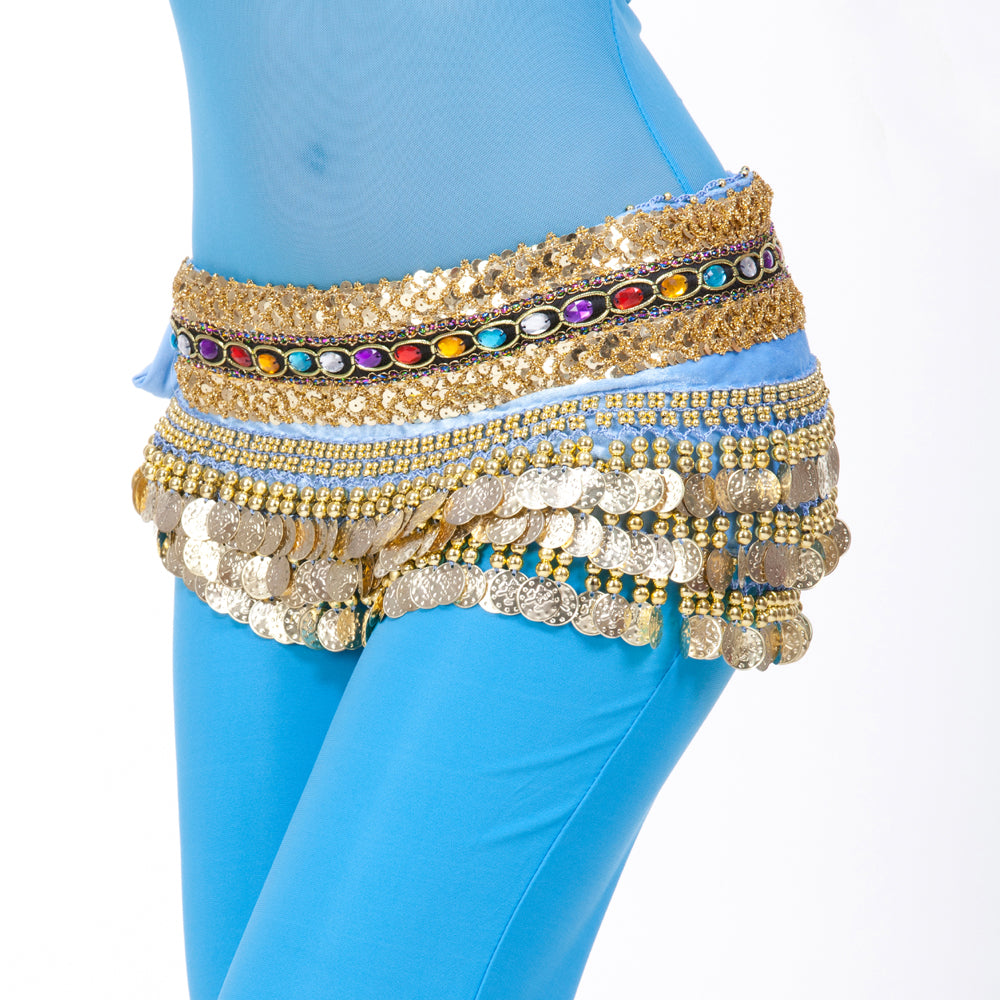 Women's Belly Dance Wave Shape Hip Scarf with 248 Coins and Colorful Rhinestone, Belly Dance Waist Belts