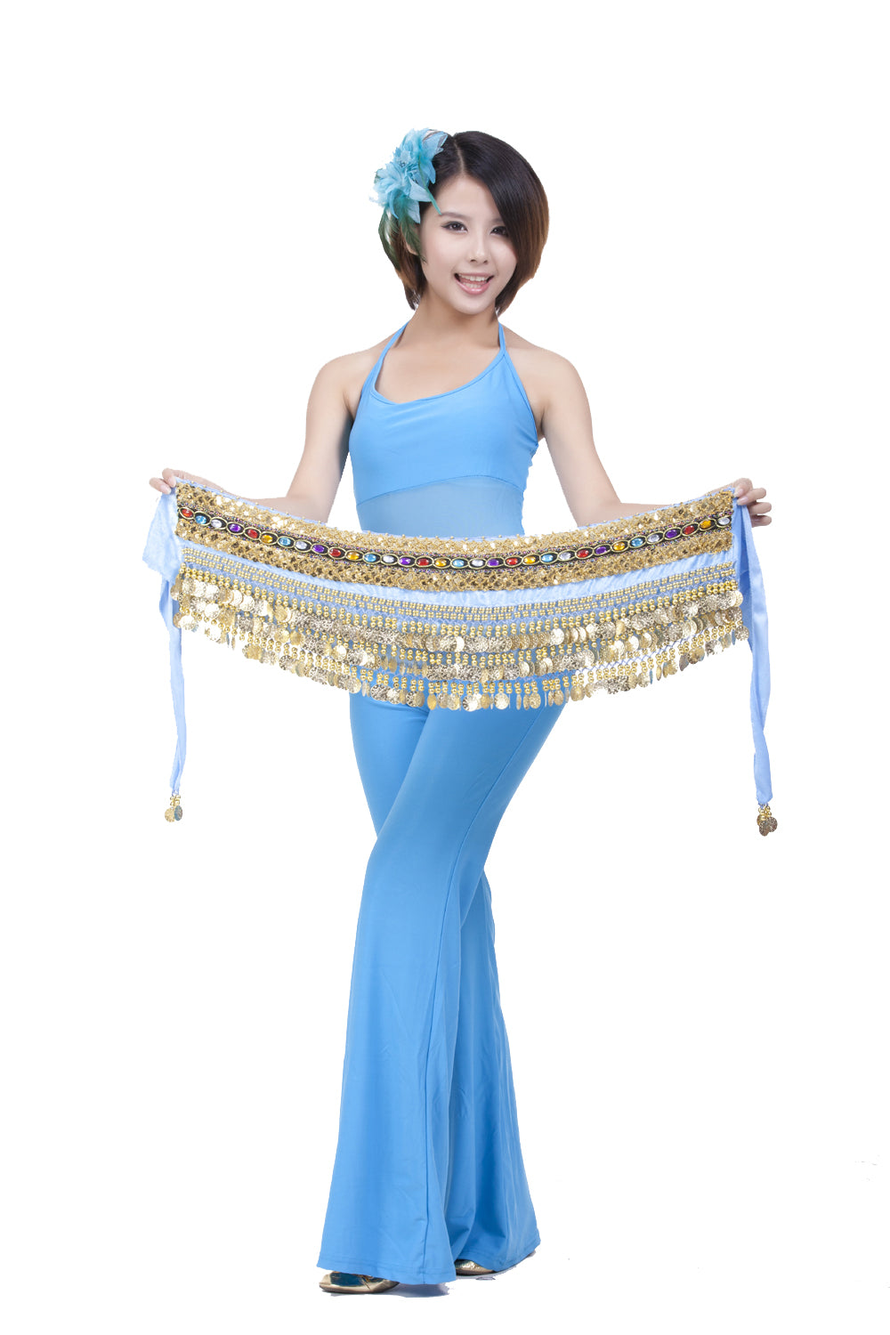 Women's Belly Dance Wave Shape Hip Scarf with 248 Coins and Colorful Rhinestone, Belly Dance Waist Belts