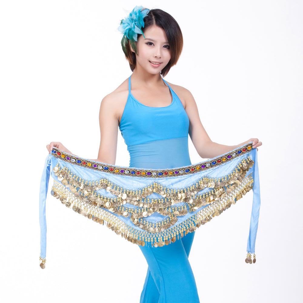 New Arrivals Belly Dance Wave Shape Hip Scarf with 328 Coins and Colorful Rhinestone, Belly Dance Waist Belts