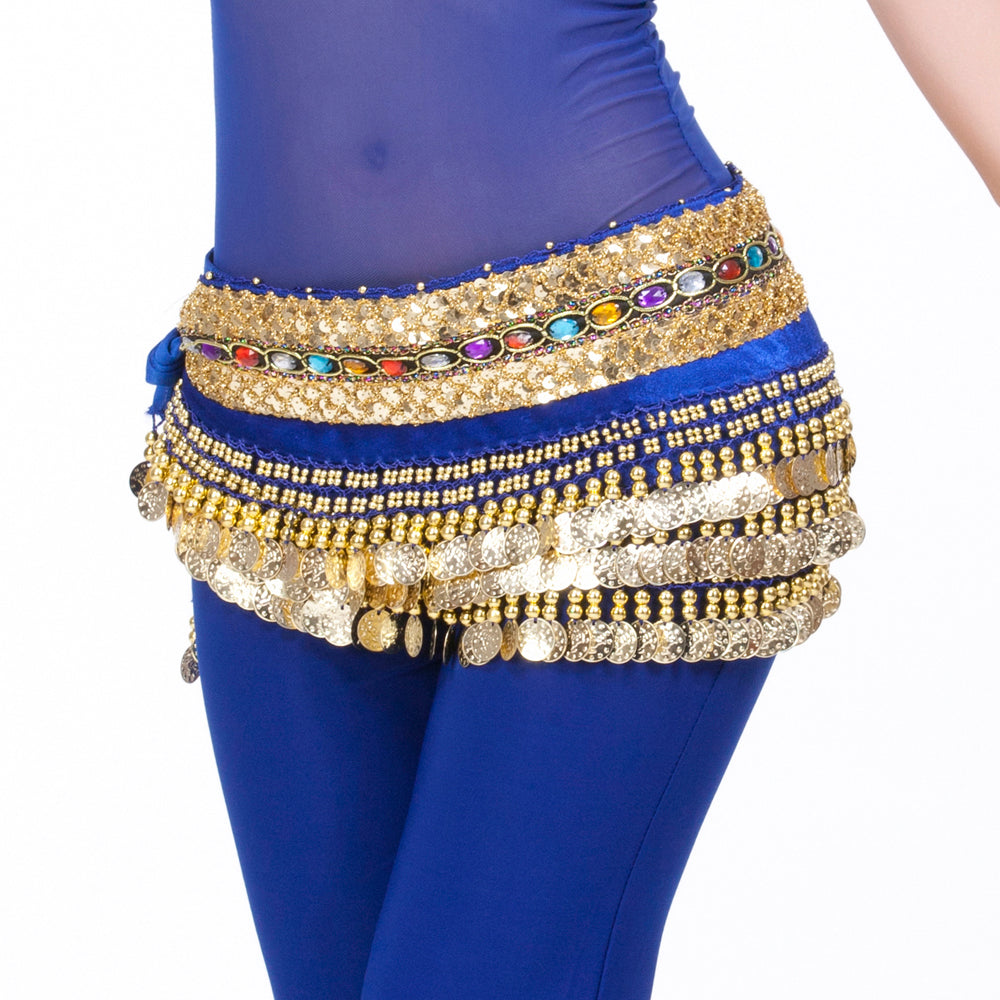 Women's Belly Dance Wave Shape Hip Scarf with 248 Coins and Colorful Rhinestone, Belly Dance Waist Belts