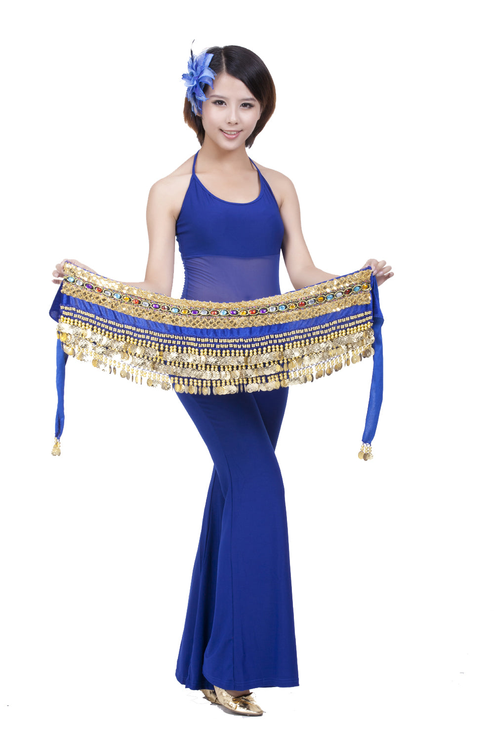 Women's Belly Dance Wave Shape Hip Scarf with 248 Coins and Colorful Rhinestone, Belly Dance Waist Belts