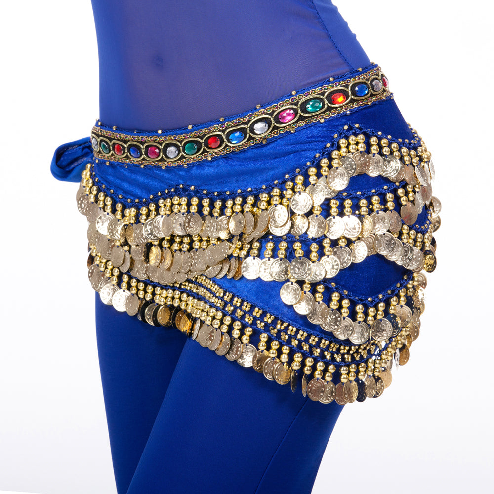 New Arrivals Belly Dance Wave Shape Hip Scarf with 328 Coins and Colorful Rhinestone, Belly Dance Waist Belts