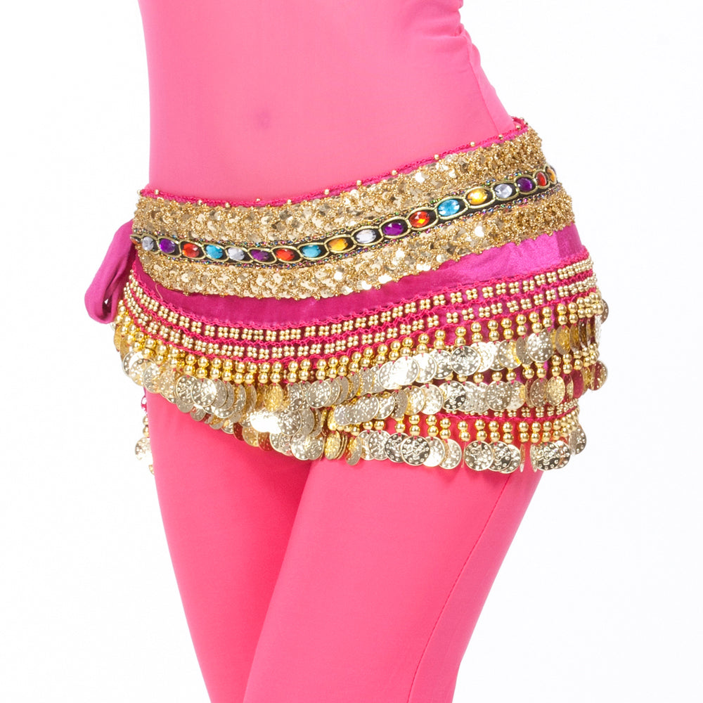 Women's Belly Dance Wave Shape Hip Scarf with 248 Coins and Colorful Rhinestone, Belly Dance Waist Belts