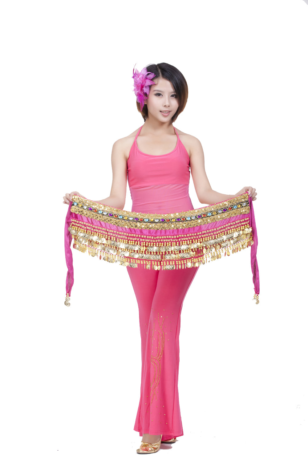 Women's Belly Dance Wave Shape Hip Scarf with 248 Coins and Colorful Rhinestone, Belly Dance Waist Belts