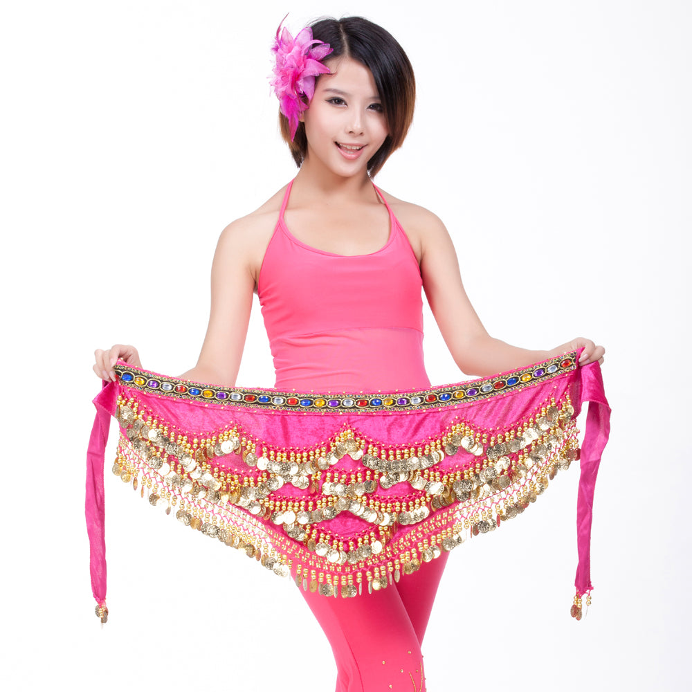 New Arrivals Belly Dance Wave Shape Hip Scarf with 328 Coins and Colorful Rhinestone, Belly Dance Waist Belts