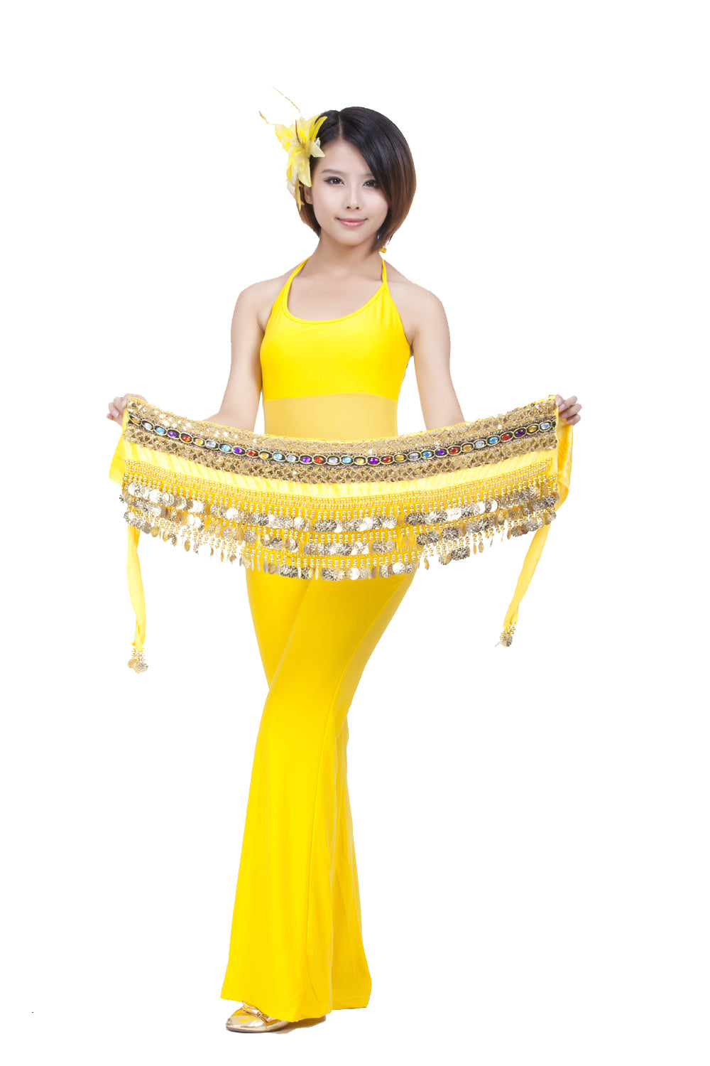 Women's Belly Dance Wave Shape Hip Scarf with 248 Coins and Colorful Rhinestone, Belly Dance Waist Belts