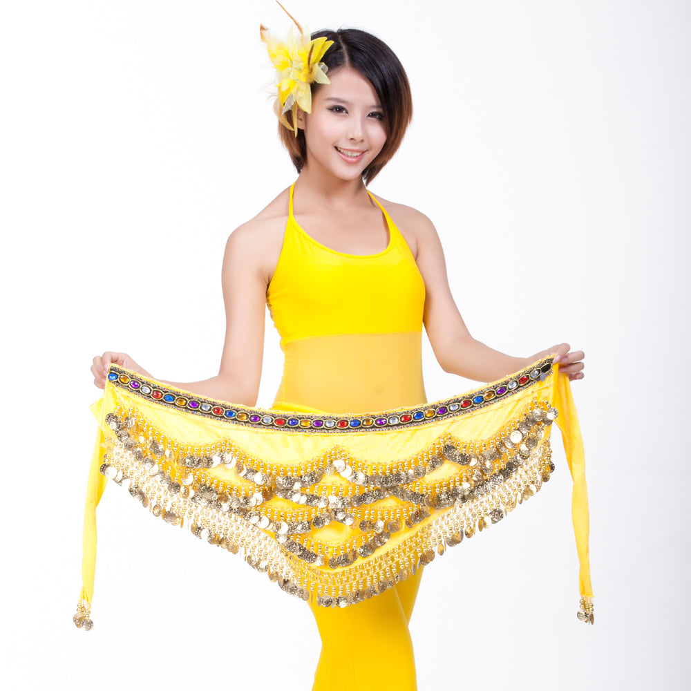 New Arrivals Belly Dance Wave Shape Hip Scarf with 328 Coins and Colorful Rhinestone, Belly Dance Waist Belts