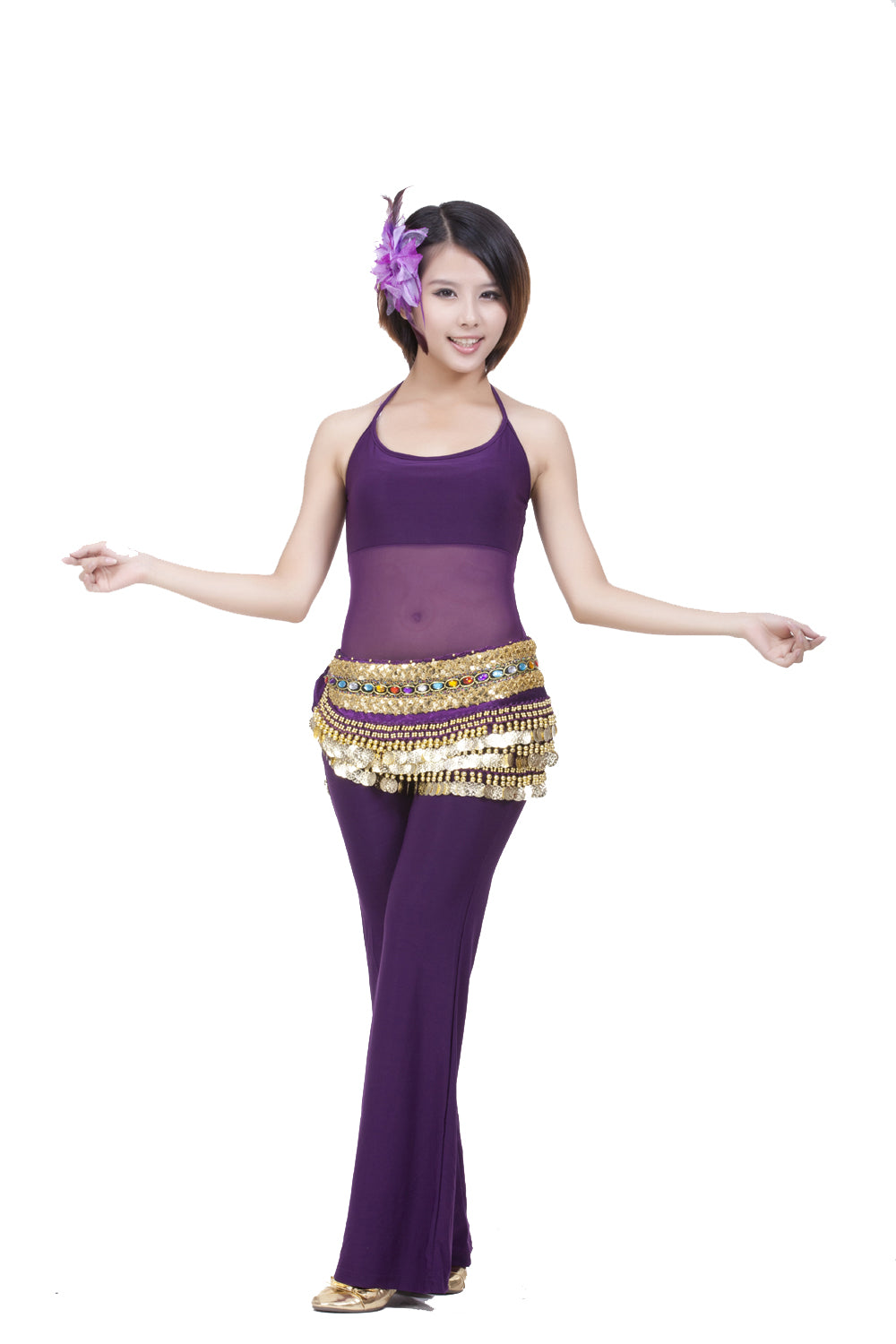 Women's Belly Dance Wave Shape Hip Scarf with 248 Coins and Colorful Rhinestone, Belly Dance Waist Belts