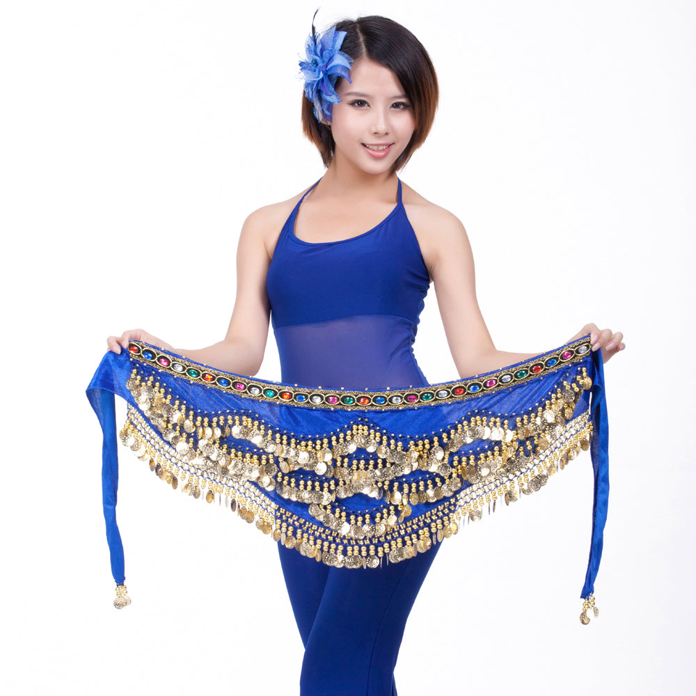 New Arrivals Belly Dance Wave Shape Hip Scarf with 328 Coins and Colorful Rhinestone, Belly Dance Waist Belts