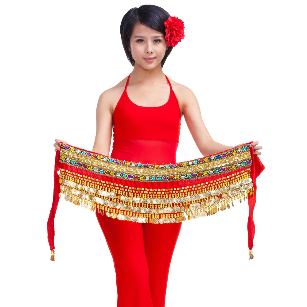 New Arrivals Belly Dance Wave Shape Hip Scarf with 248 Coins and Colorful Rhinestone, Belly Dance Waist Belts