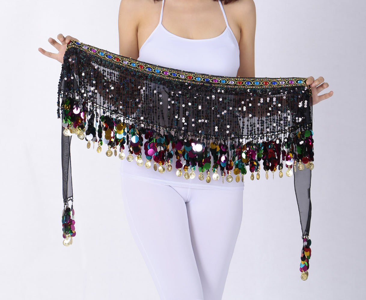 New Arrivals Sequined Chiffon Tassel Belly Dance Waist Chain with Colored Rhinestones Skirt Hip Scarf Latin Skirt