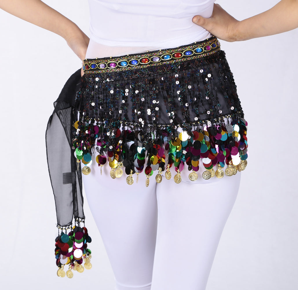 Nouveautés paillettes en mousseline de soie gland danse du ventre chaîne de taille avec strass colorés jupe hanche écharpe jupe latine