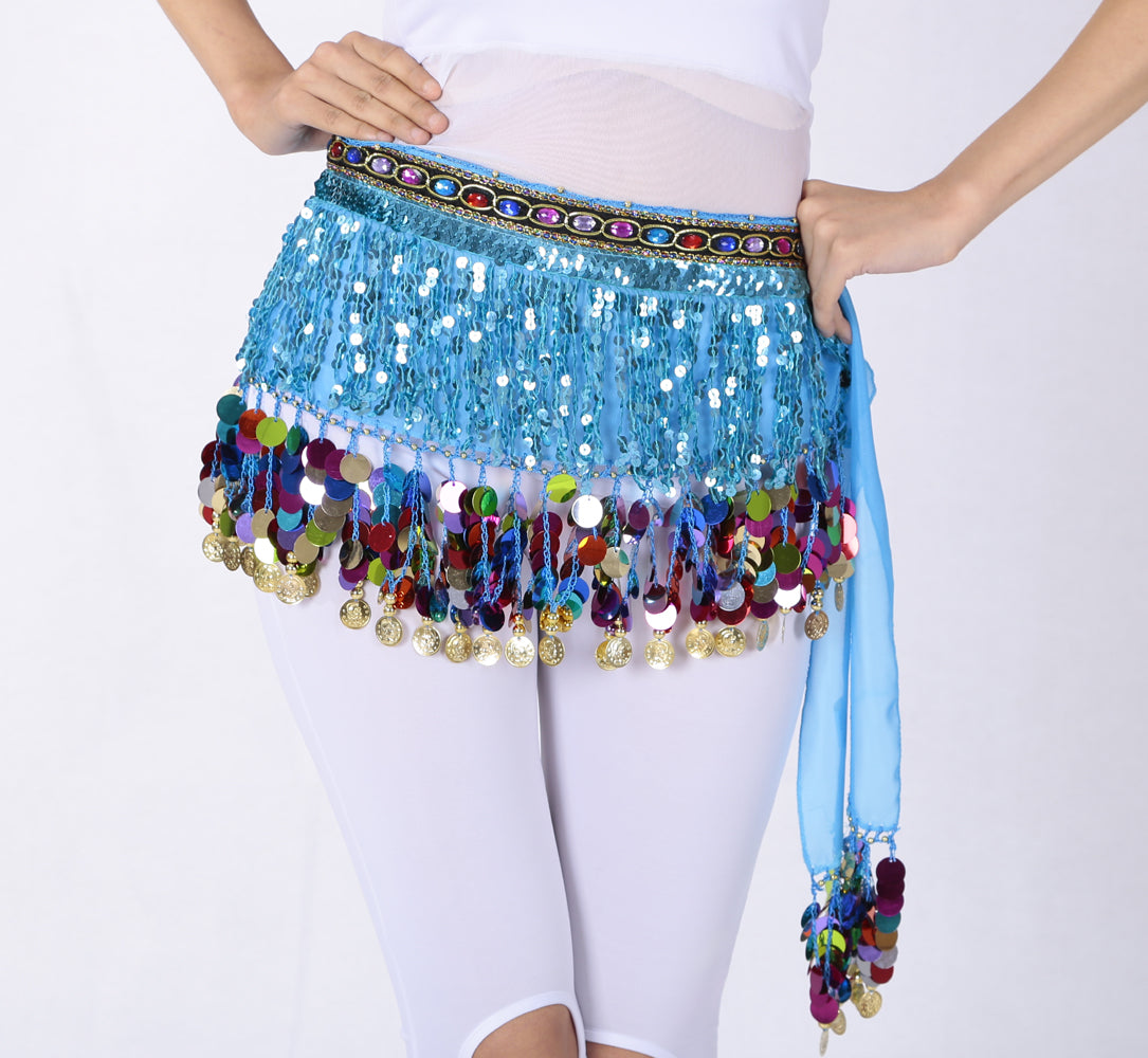 Nouveautés paillettes en mousseline de soie gland danse du ventre chaîne de taille avec strass colorés jupe hanche écharpe jupe latine