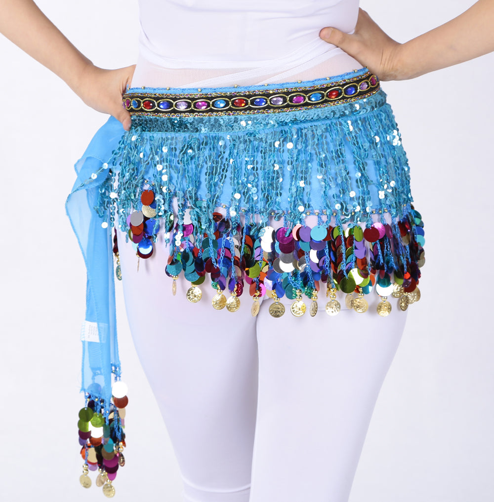 Nouveautés paillettes en mousseline de soie gland danse du ventre chaîne de taille avec strass colorés jupe hanche écharpe jupe latine