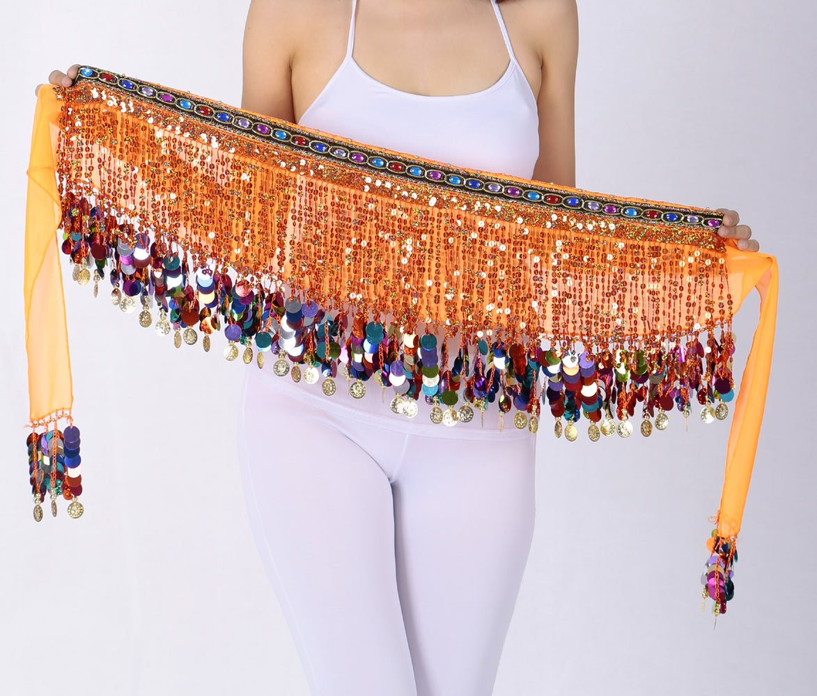 New Arrivals Sequined Chiffon Tassel Belly Dance Waist Chain with Colored Rhinestones Skirt Hip Scarf Latin Skirt