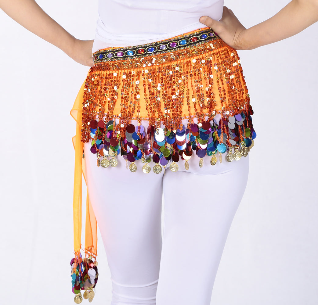 New Arrivals Sequined Chiffon Tassel Belly Dance Waist Chain with Colored Rhinestones Skirt Hip Scarf Latin Skirt