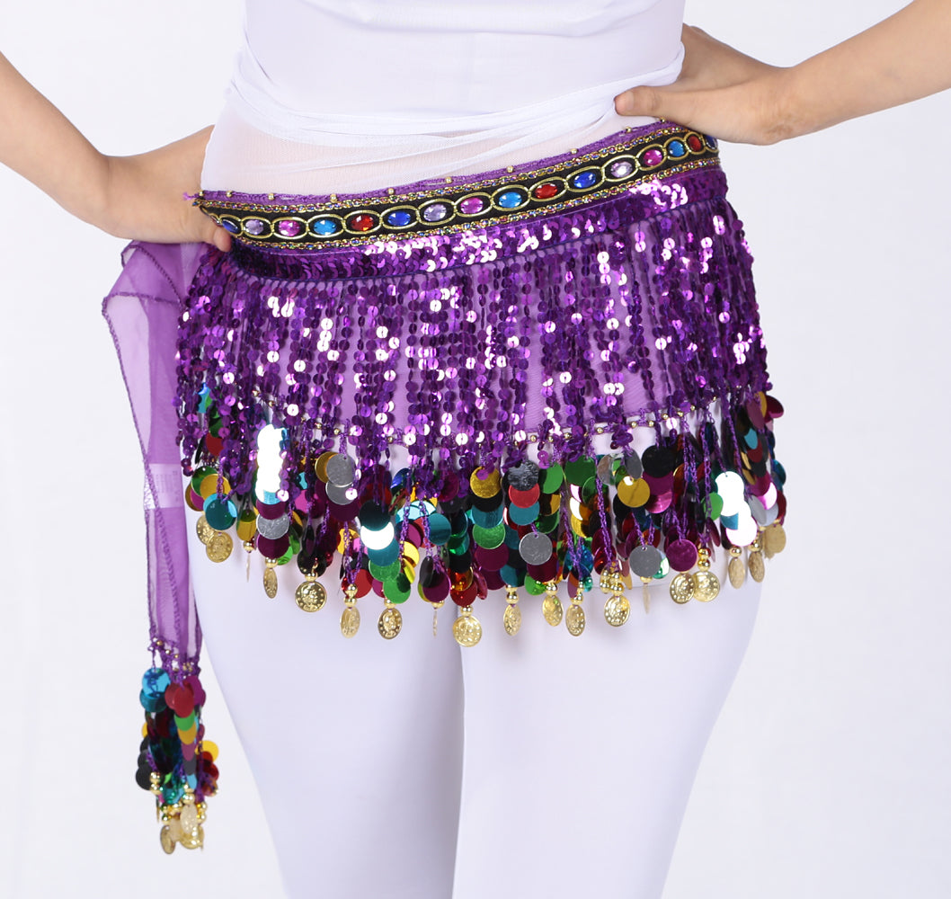 New Arrivals Sequined Chiffon Tassel Belly Dance Waist Chain with Colored Rhinestones Skirt Hip Scarf Latin Skirt