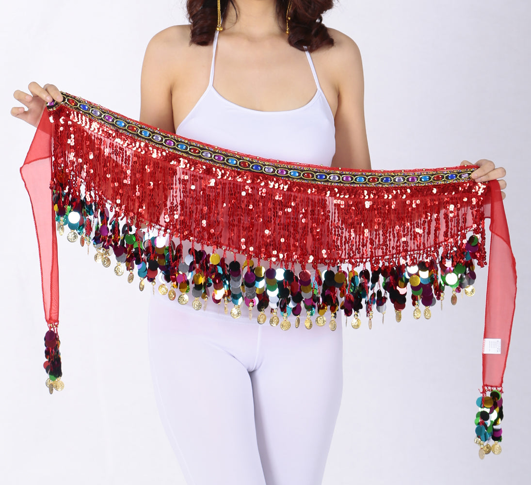 New Arrivals Sequined Chiffon Tassel Belly Dance Waist Chain with Colored Rhinestones Skirt Hip Scarf Latin Skirt