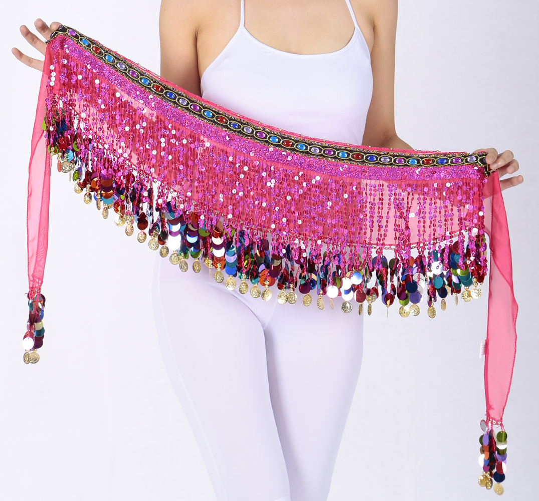 Nouveautés paillettes en mousseline de soie gland danse du ventre chaîne de taille avec strass colorés jupe hanche écharpe jupe latine