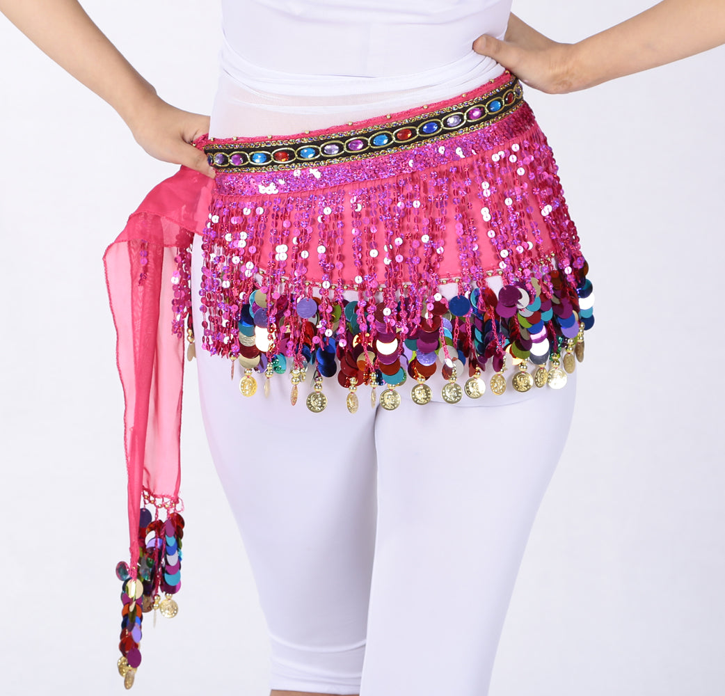 New Arrivals Sequined Chiffon Tassel Belly Dance Waist Chain with Colored Rhinestones Skirt Hip Scarf Latin Skirt