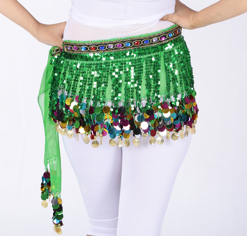 New Arrivals Sequined Chiffon Tassel Belly Dance Waist Chain with Colored Rhinestones Skirt Hip Scarf Latin Skirt