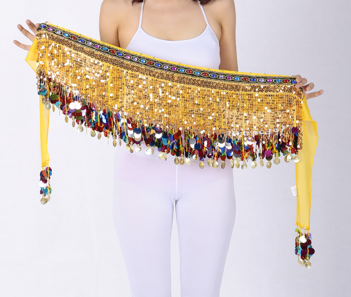 Nouveautés paillettes en mousseline de soie gland danse du ventre chaîne de taille avec strass colorés jupe hanche écharpe jupe latine