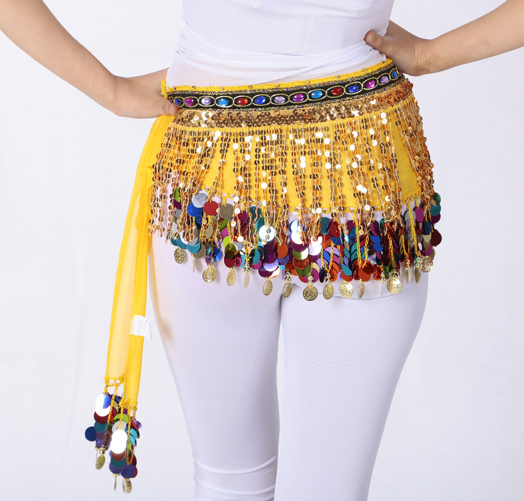 Nouveautés paillettes en mousseline de soie gland danse du ventre chaîne de taille avec strass colorés jupe hanche écharpe jupe latine