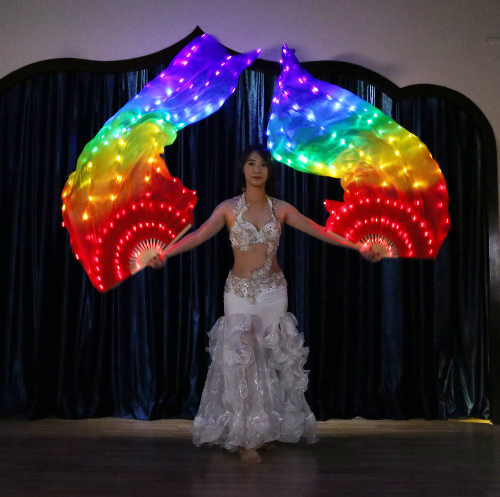 LED Fans Veil 100% Real Silk - 1.8m Long Bamboo Fans Veil Hand Made Silk Fans for Dance/Outdoor