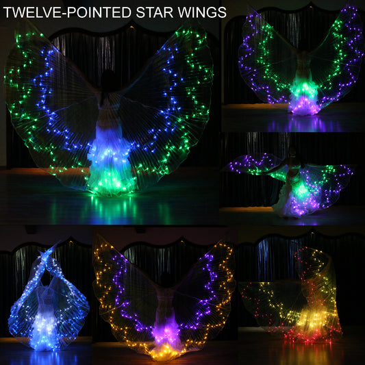 2023 Nouveautés LED Isis Wing Étoile à 12 branches - Ailes lumineuses de danse du ventre pour le carnaval Halloween Party Club Wear avec bâtons télescopiques