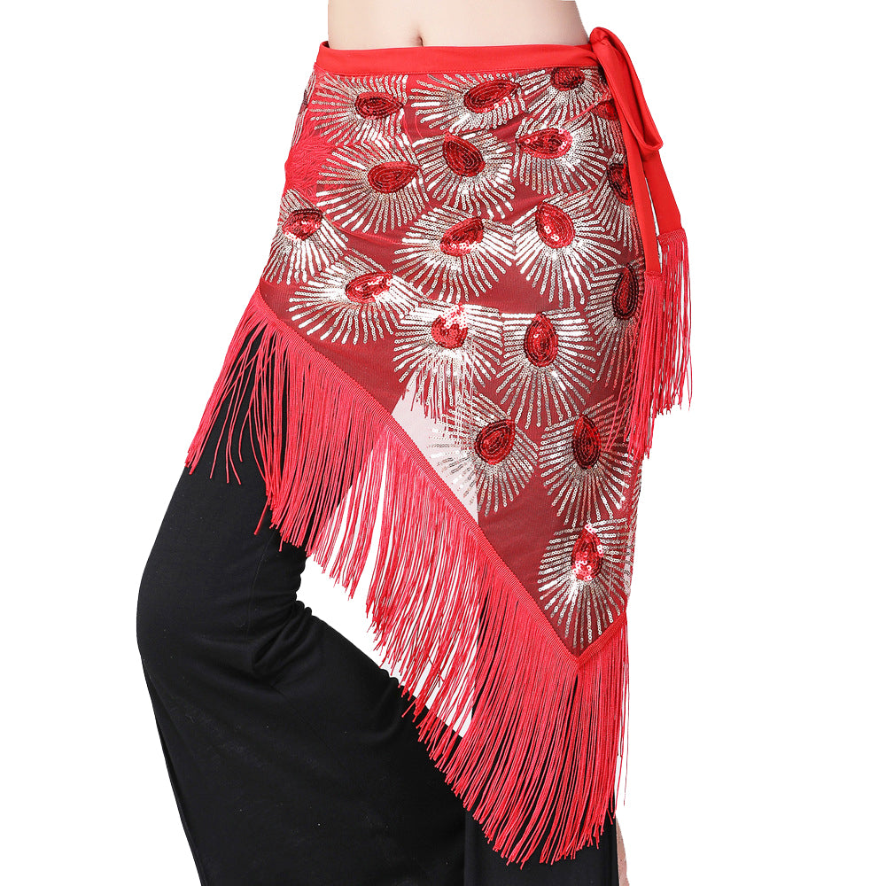 Peacock Tassels Fringed Sequins Triangle Belly Dance Hip Scarf Skirt Waist Belt for Outfits