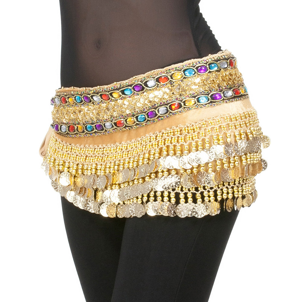 New Arrivals Belly Dance Wave Shape Hip Scarf with 248 Coins and Colorful Rhinestone, Belly Dance Waist Belts