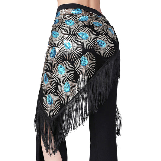 Peacock Tassels Fringed Sequins Triangle Belly Dance Hip Scarf Skirt Waist Belt for Outfits