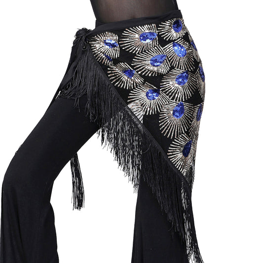 Peacock Tassels Fringed Sequins Triangle Belly Dance Hip Scarf Skirt Waist Belt for Outfits