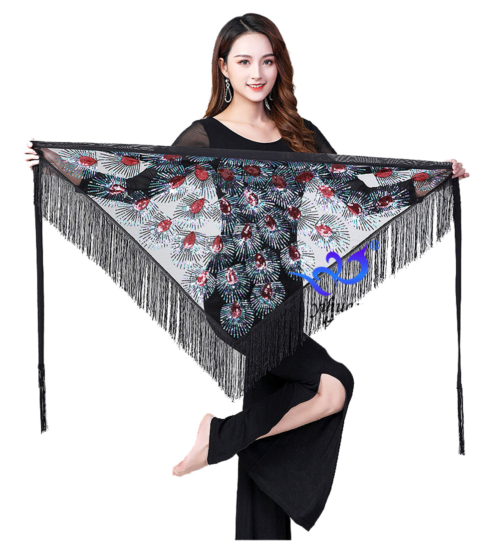 Peacock Tassels Fringed Sequins Triangle Belly Dance Hip Scarf Skirt Waist Belt for Outfits