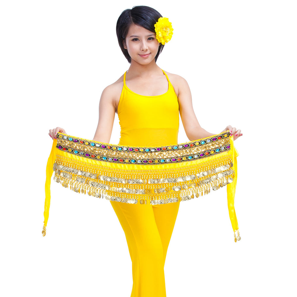 New Arrivals Belly Dance Wave Shape Hip Scarf with 248 Coins and Colorful Rhinestone, Belly Dance Waist Belts