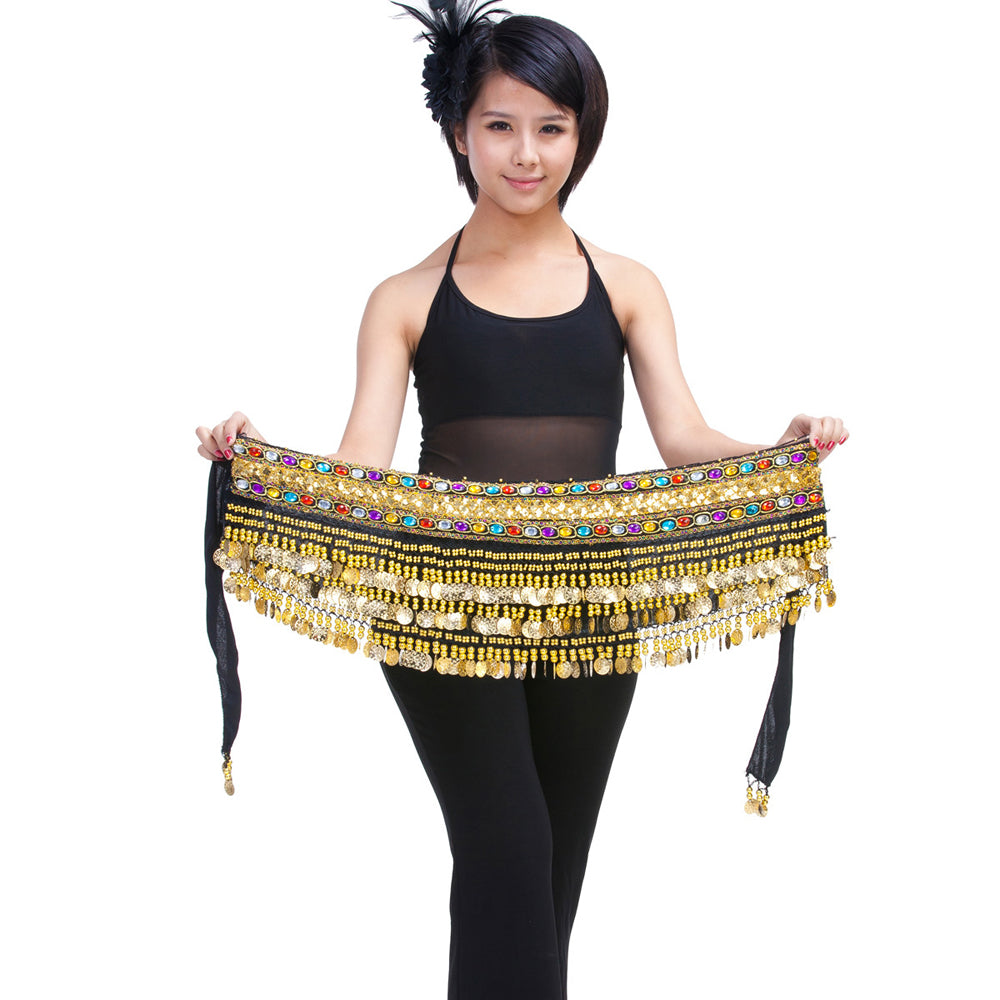 New Arrivals Belly Dance Wave Shape Hip Scarf with 248 Coins and Colorful Rhinestone, Belly Dance Waist Belts