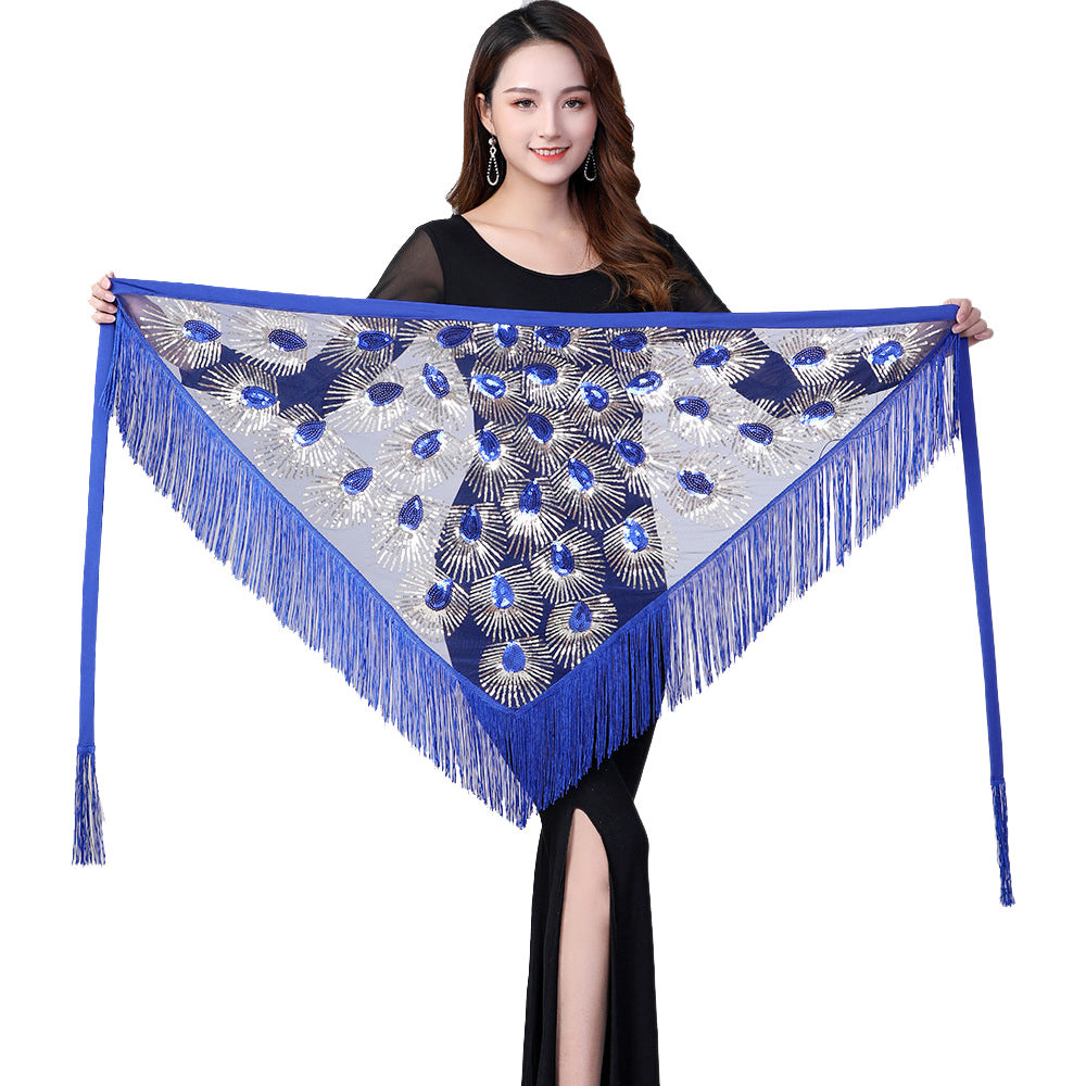 Peacock Tassels Fringed Sequins Triangle Belly Dance Hip Scarf Skirt Waist Belt for Outfits