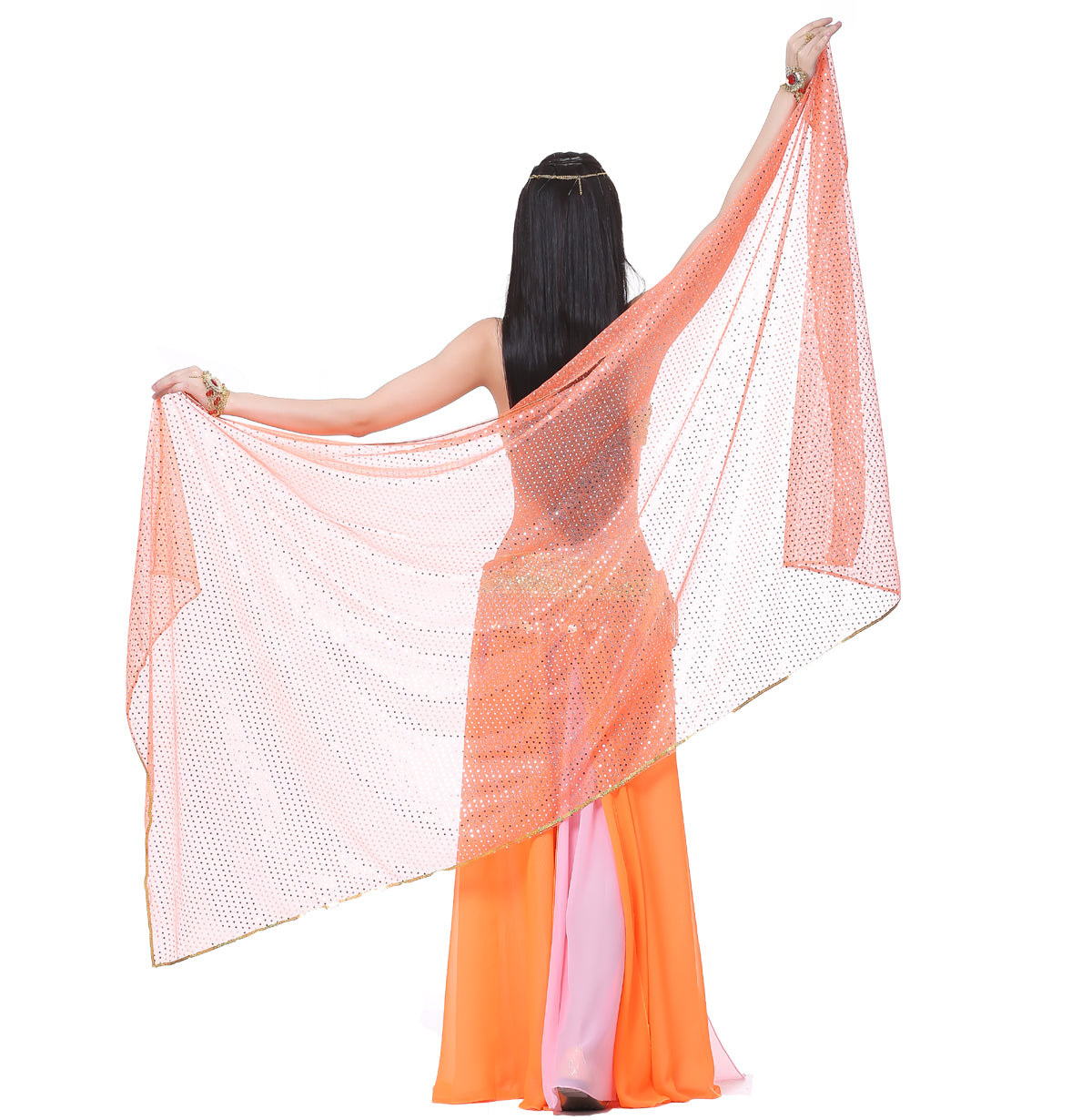 Shinning Spot Chiffon Hand Scarf, Stage Dancewear Scarf, Light Weight Belly Dance Shawls, Belly Dance Veils with Trim Gold