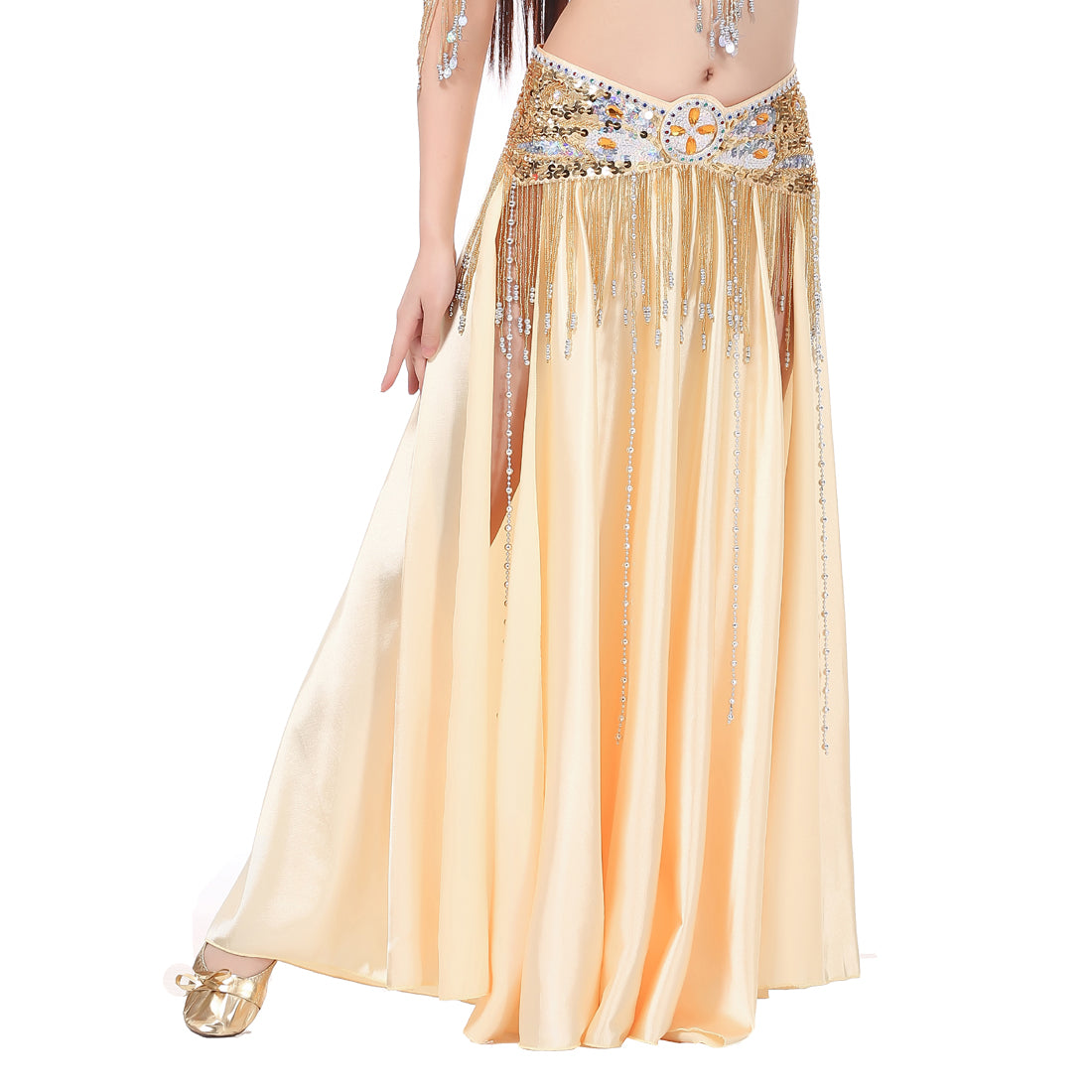 Professional Sexy Double Fork-tailed Double Split Satin Belly Dance Skirt Split Long Belly Dance Skirts