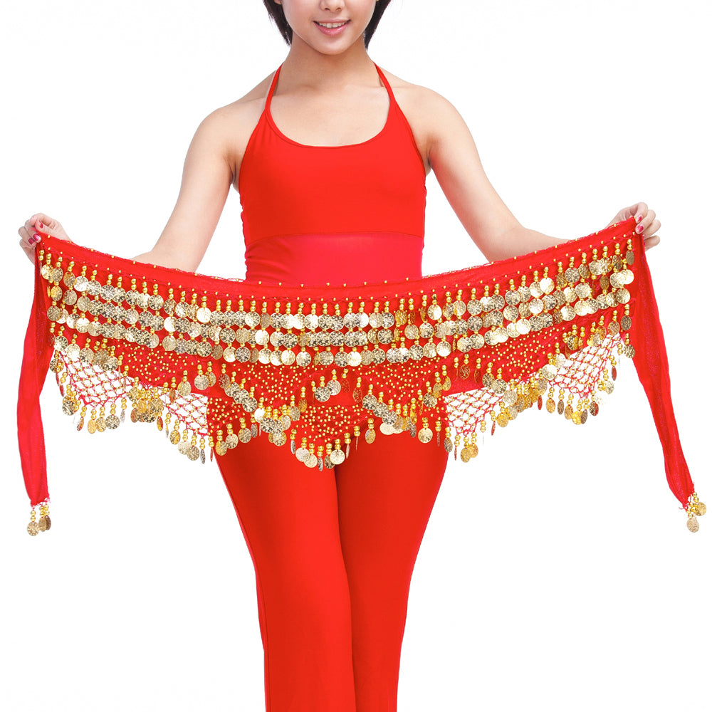 Women's Belly Dance Wave Shape Hip Scarf with 320 Coins Three Straight Two Angle Waist Belt