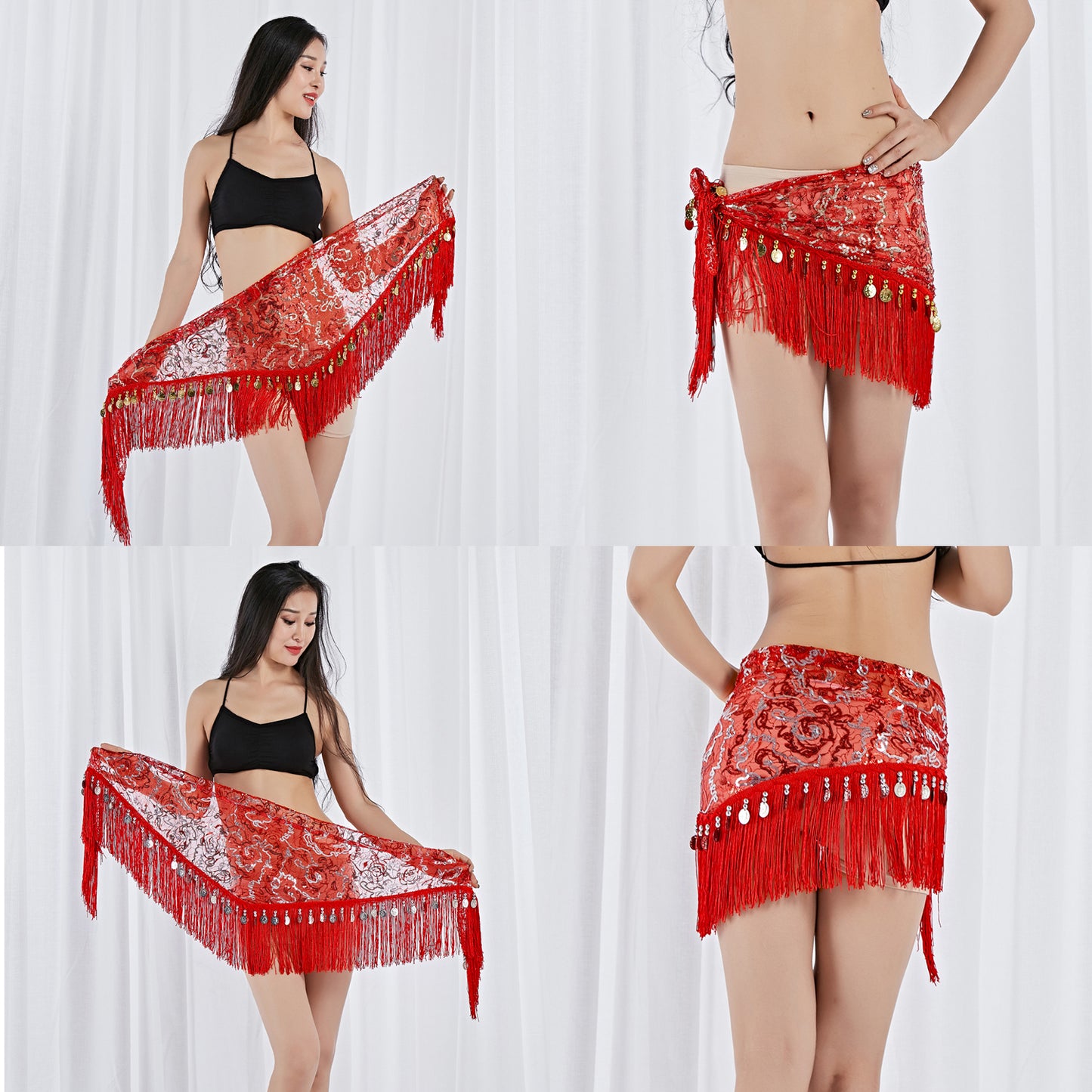 New Arrivals Tassels Fringed Sequins Triangle Belly Dance Hip Scarf Skirt Waist Belt for Outfits