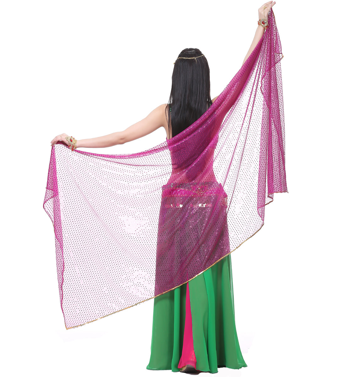 Shinning Spot Chiffon Hand Scarf, Stage Dancewear Scarf, Light Weight Belly Dance Shawls, Belly Dance Veils with Trim Gold