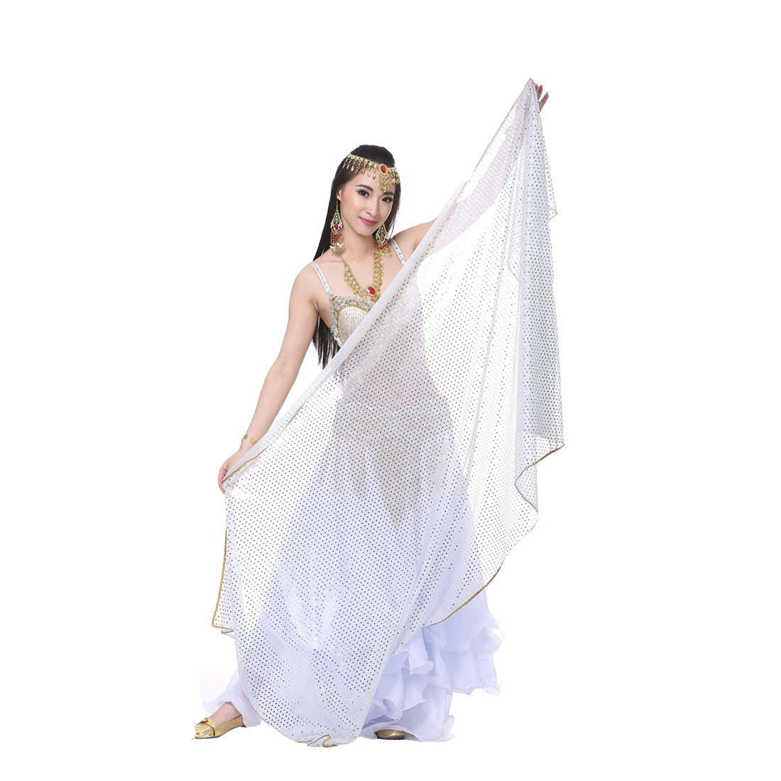 Shinning Spot Chiffon Hand Scarf, Stage Dancewear Scarf, Light Weight Belly Dance Shawls, Belly Dance Veils with Trim Gold