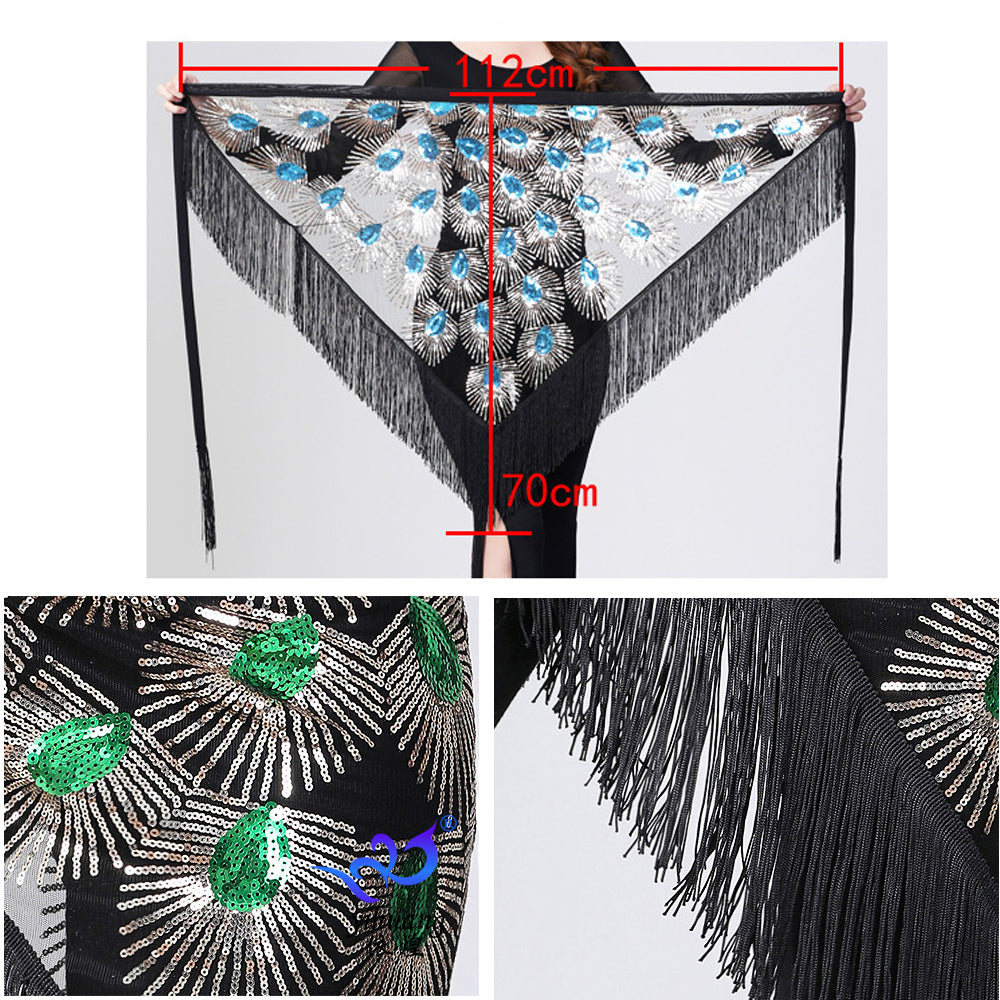 Peacock Tassels Fringed Sequins Triangle Belly Dance Hip Scarf Skirt Waist Belt for Outfits